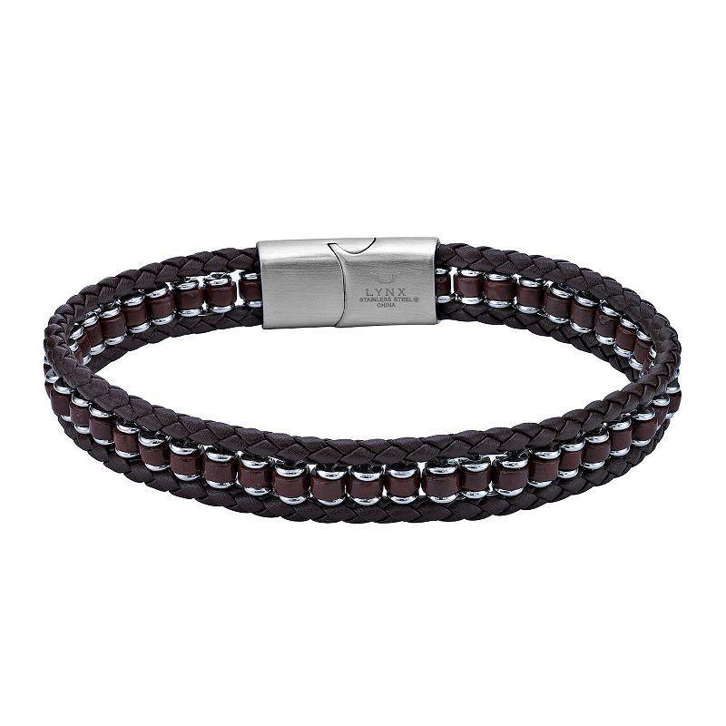 LYNX Mens Stainless Steel Braided Dark Brown Leather Bracelet Product Image