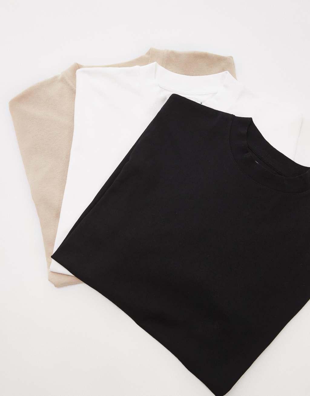 Topman 3 pack oversized fit t-shirt in black, white and stone Product Image