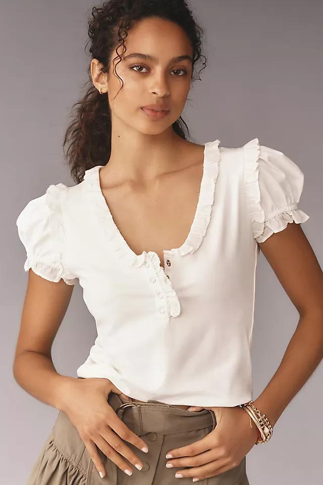 Maeve Puff-Sleeve Ruffle Henley Tee Product Image