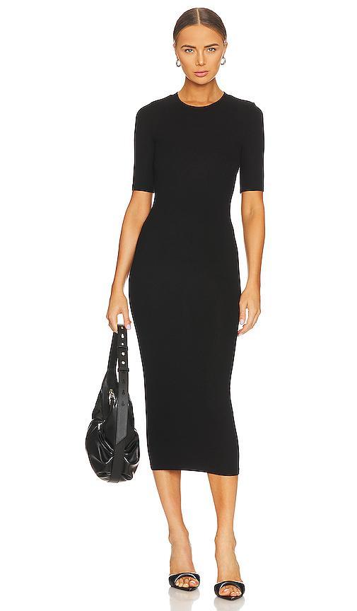 Enza Costa Silk Rib Half Sleeve Crew Midi Dress Black. (also in M, S). Product Image