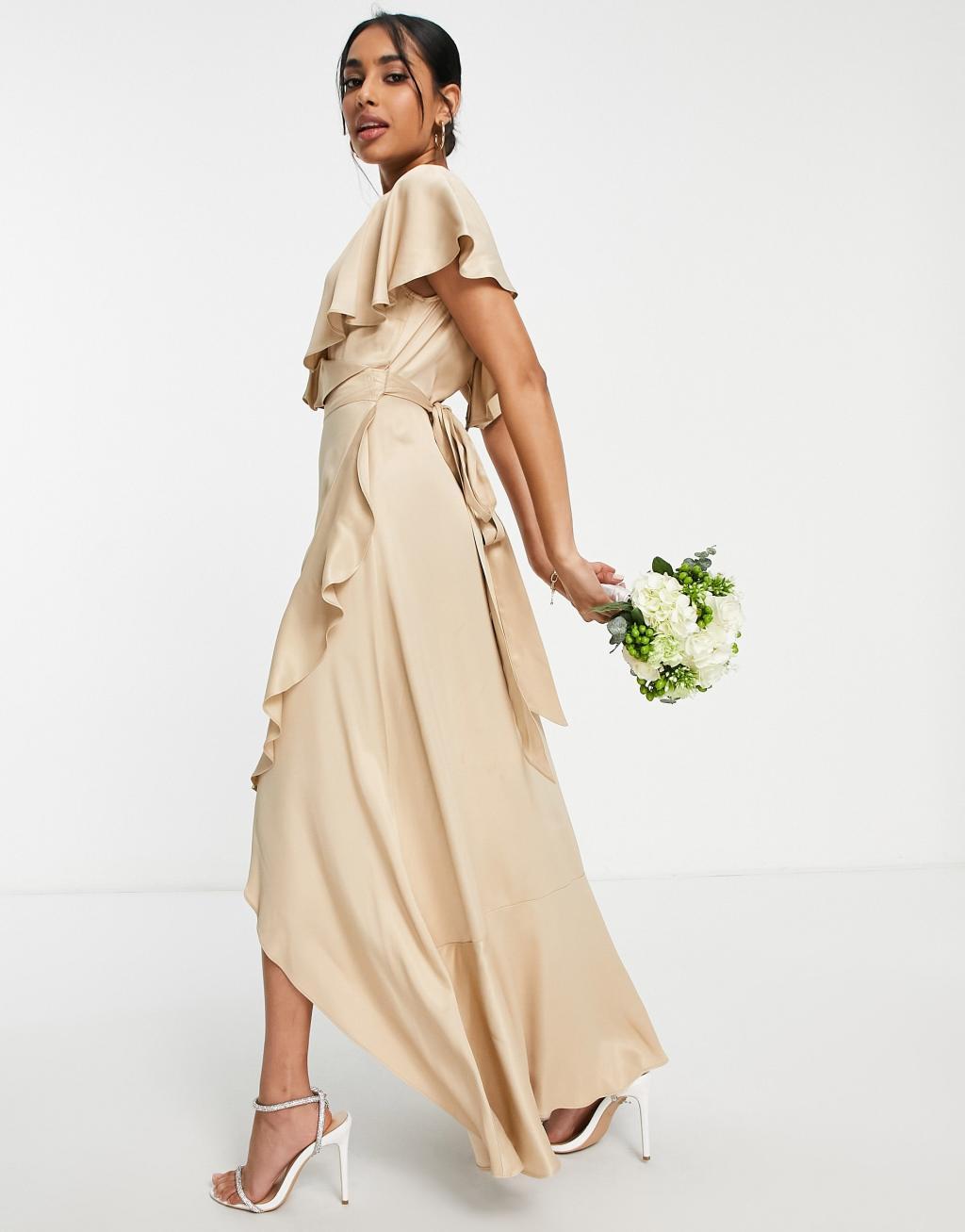 Topshop Petite bridesmaid satin frill wrap dress in gold Product Image