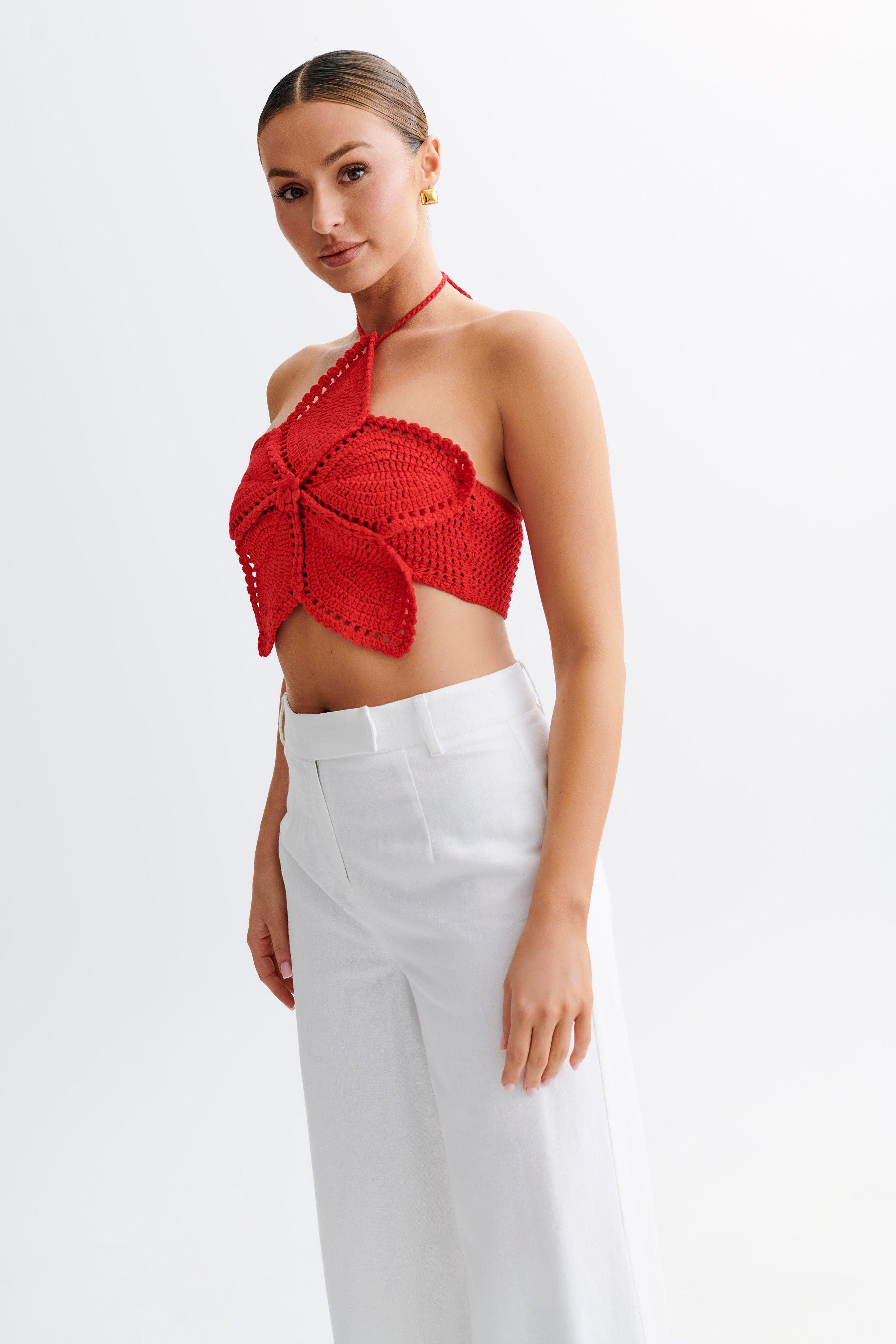 Bailey Floral Crochet Halter Top - Pomegranate Product Image