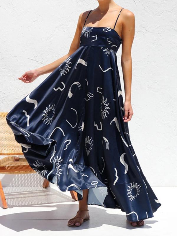 Loose Sleeveless Printed Split-Joint Spaghetti-Neck Maxi Dresses Product Image