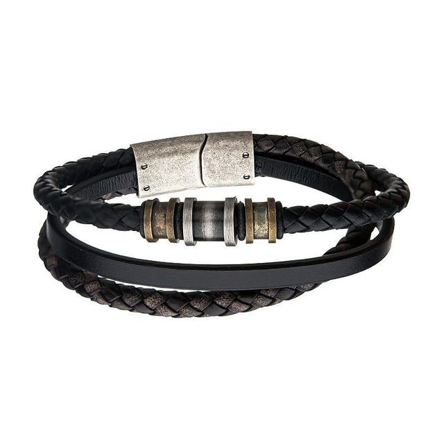 Mens Antique Gold & Silver Leather Bracelet Black Product Image