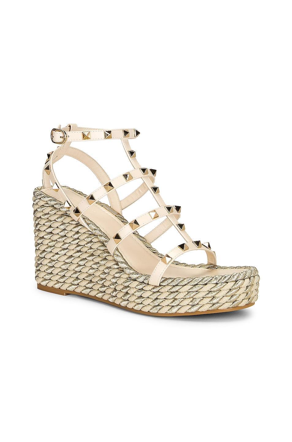 Valentino Garavani Rockstud Torchon Espadrille Wedges in Ivory Product Image