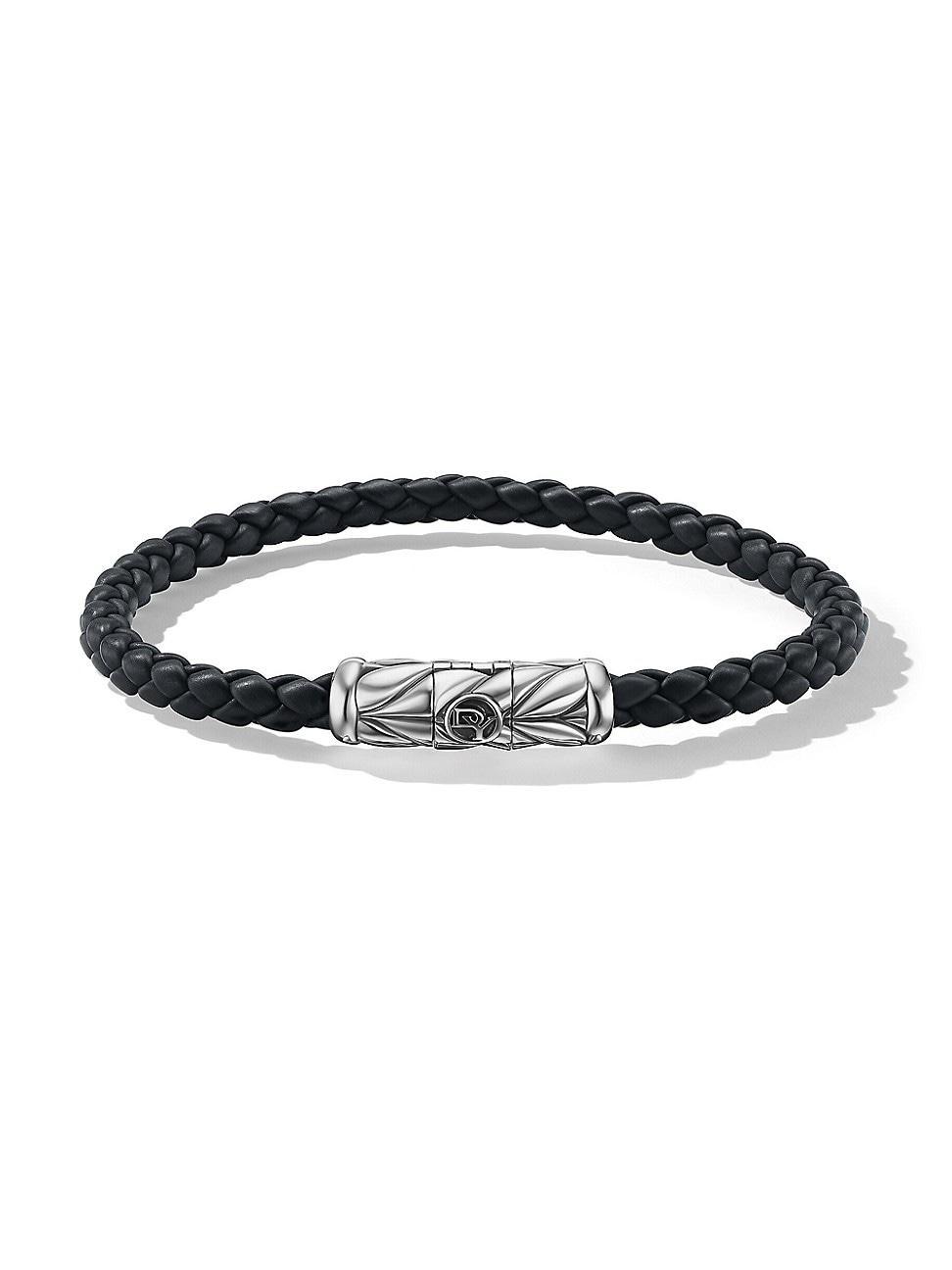 Mens Chevron Woven Bracelet in Black Rubber and Sterling Silver, 6mm Product Image