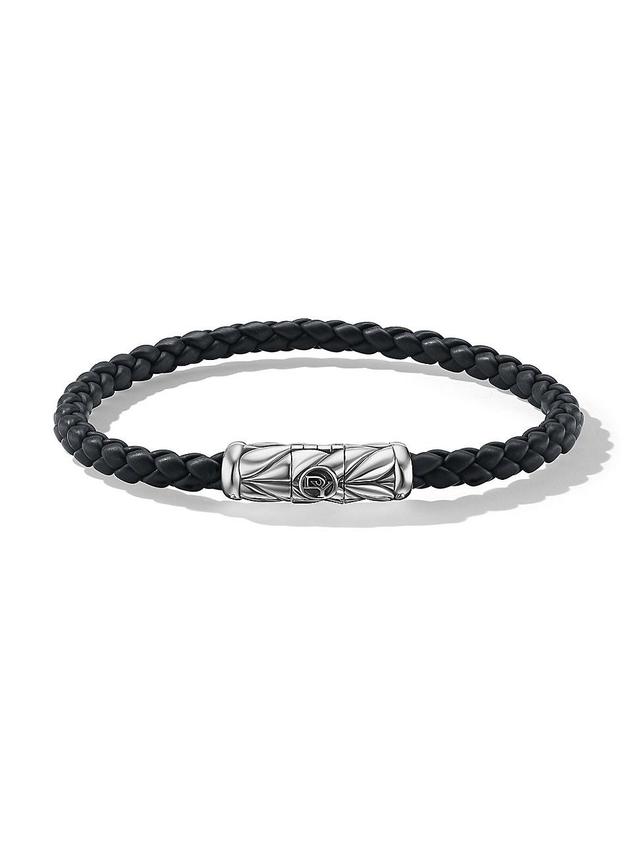 Mens Chevron Woven Bracelet in Black Rubber and Sterling Silver, 6mm Product Image