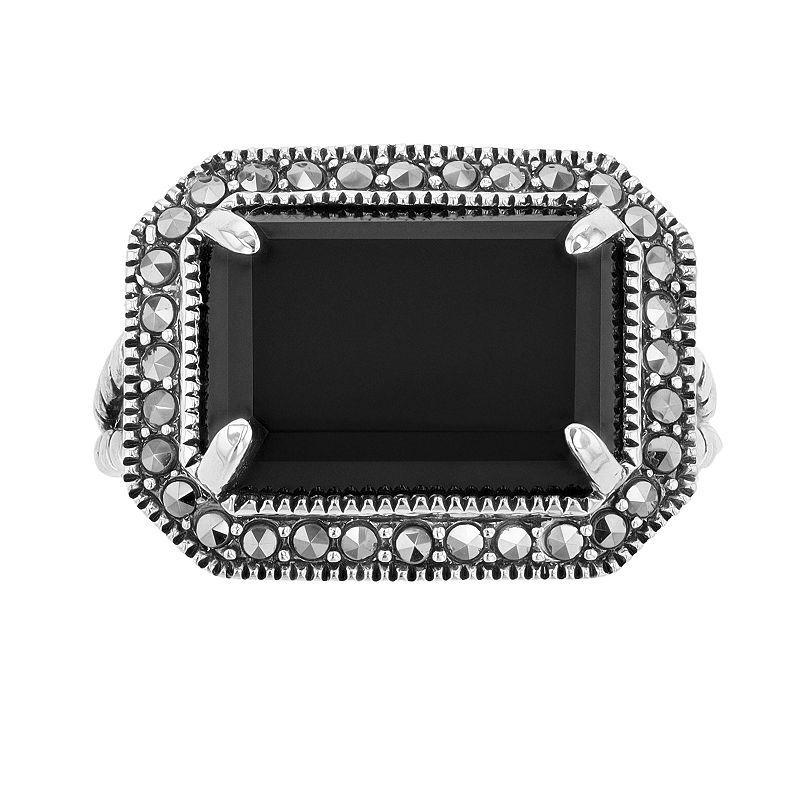 Lavish by TJM Sterling Silver Black Onyx & Marcasite East-West Rectangular Ring, Womens Product Image