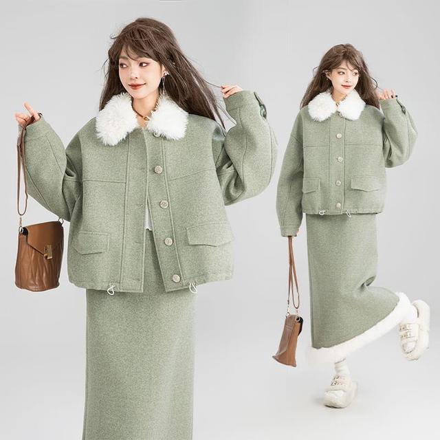 Fleece Collar Button-Up Jacket / High Waist Midi Skirt Product Image