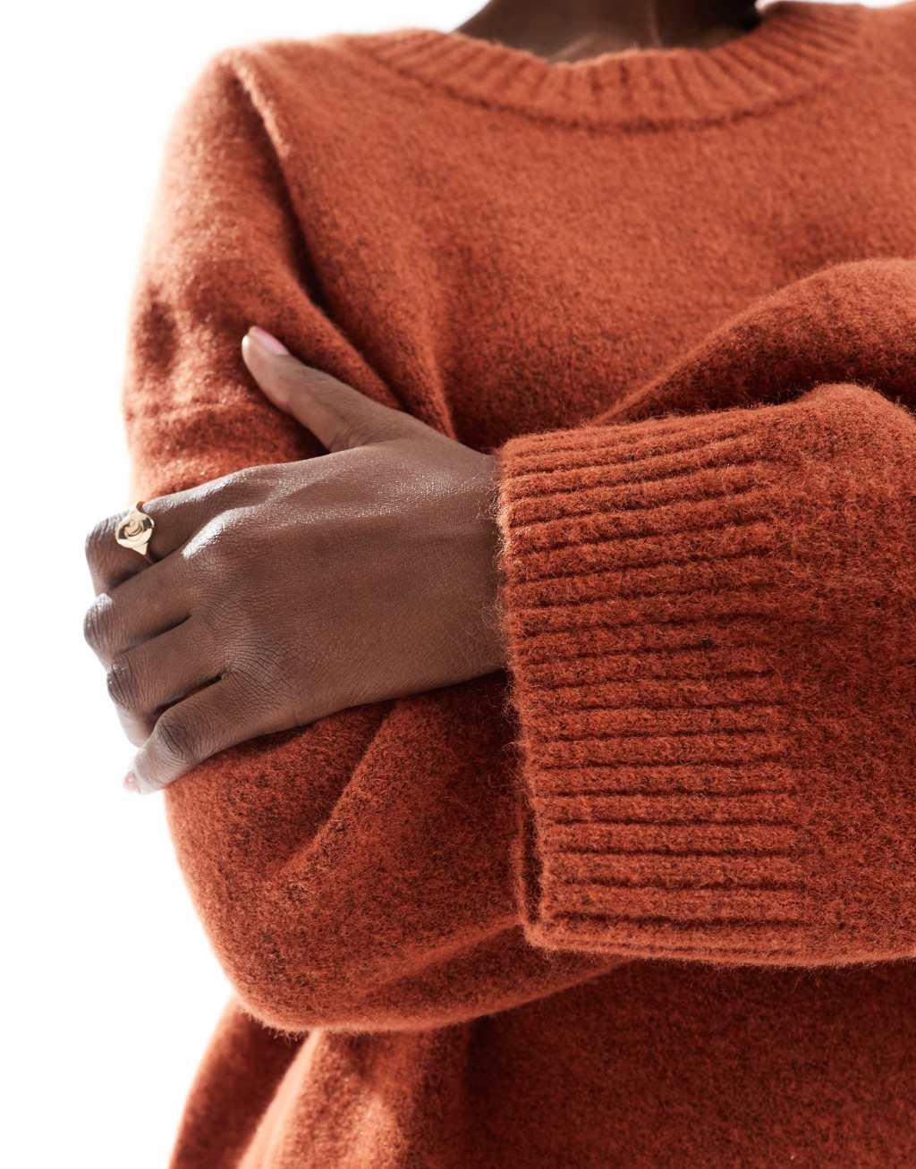 Monki round neck relaxed knitted sweater in rust red Product Image