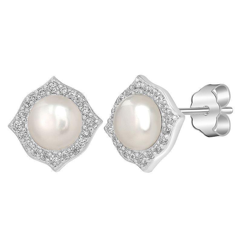 Gemistry Sterling Silver Freshwater Cultured Pearl & Cubic Zirconia Fancy Border Stud Earrings, Womens Product Image