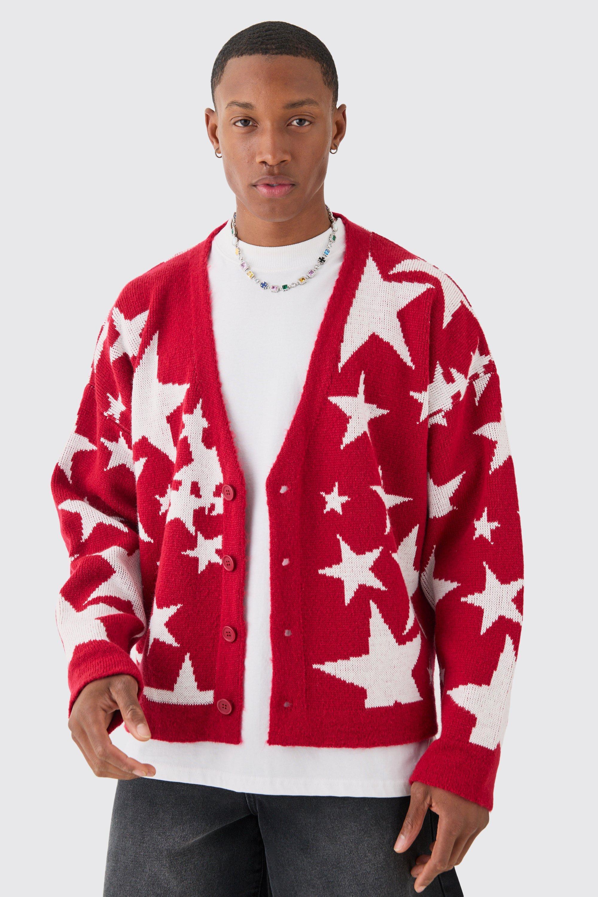 Mens Red Boxy Oversized Brushed Star All Over Cardigan, Red Product Image