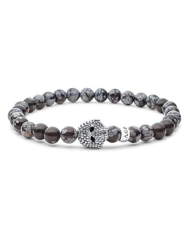 Lagos Mens Sterling Silver Anthem Snowflake Obsidian Bead Skull Stretch Bracelet - 100% Exclusive Product Image