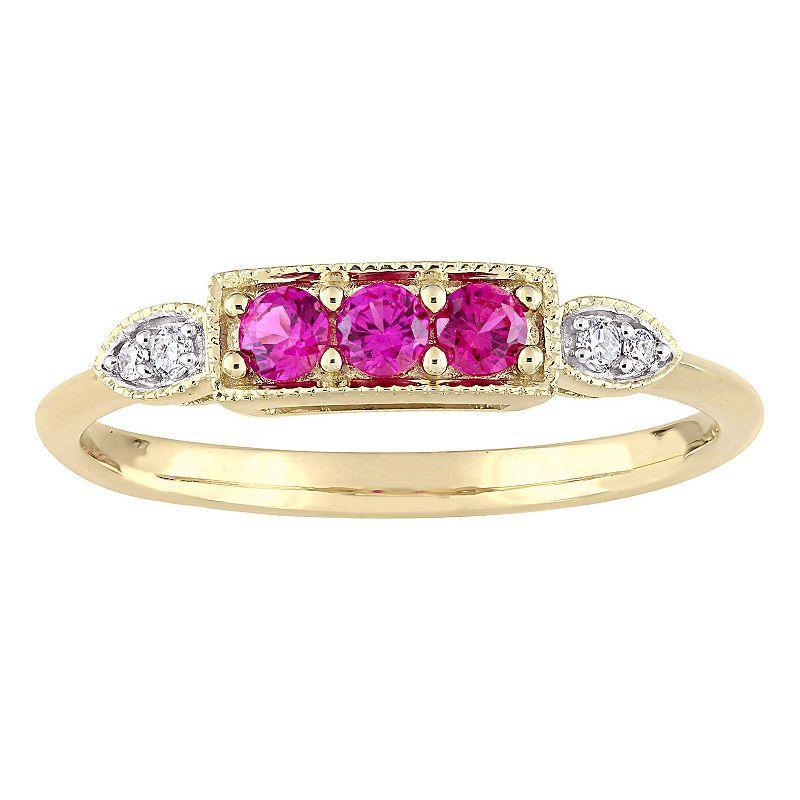 Stella Grace 10k Gold Lab-Created Ruby & Diamond Accent Three Stone Bar Ring, Womens Product Image