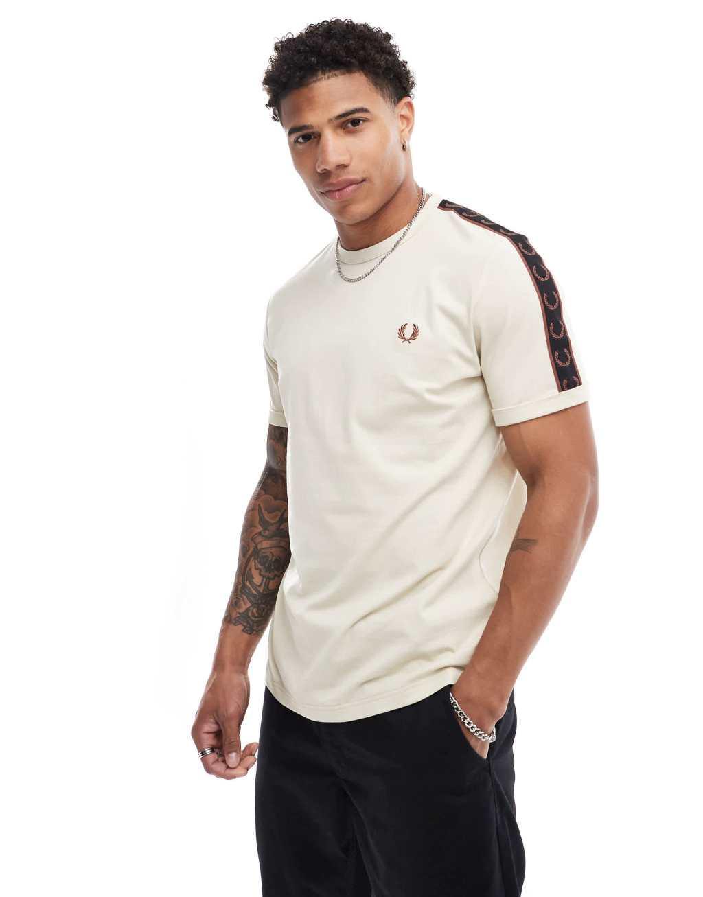 Fred Perry contrast taped T-shirt in light beige Product Image