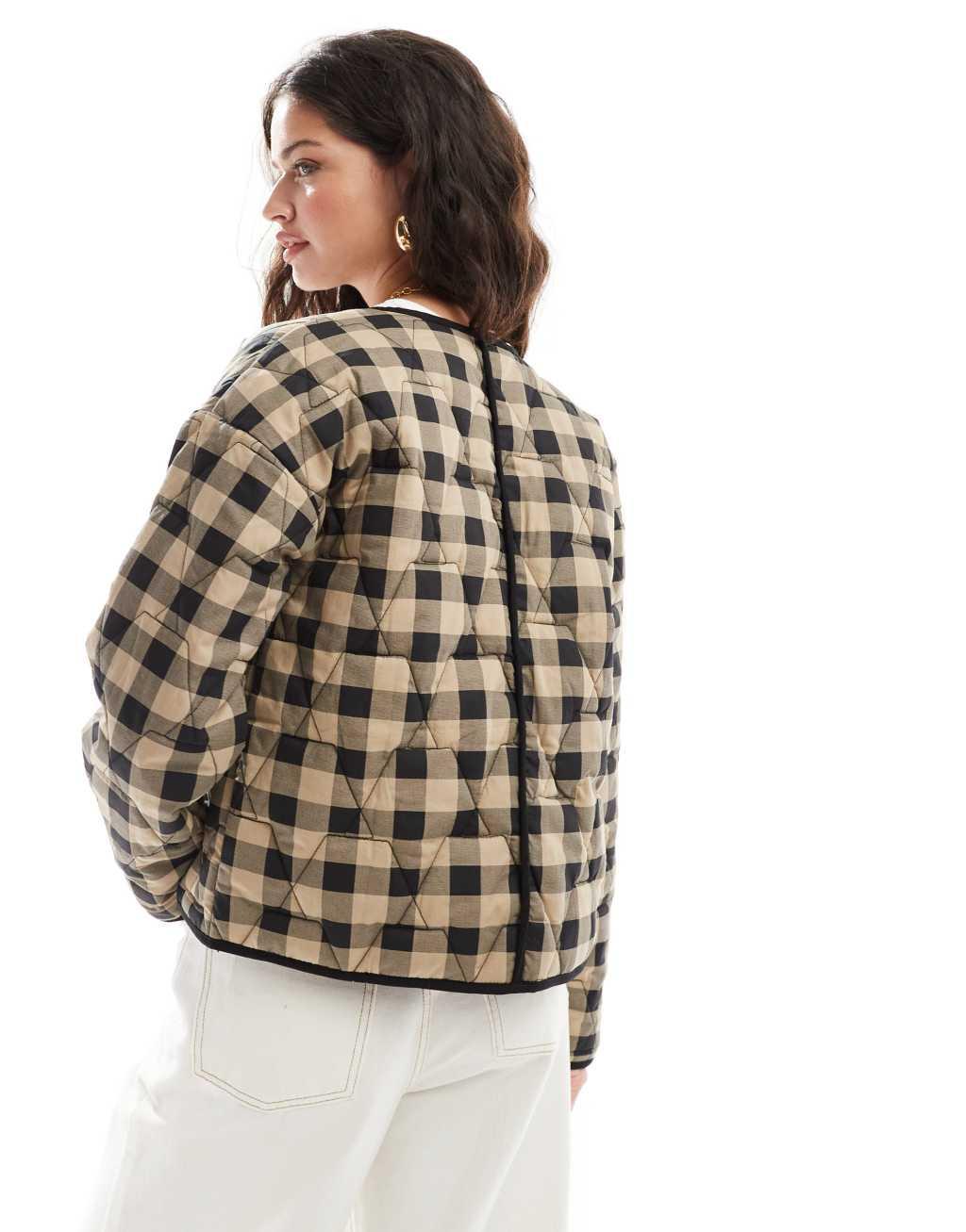 ASOS DESIGN quilted jacket in brown gingham Product Image