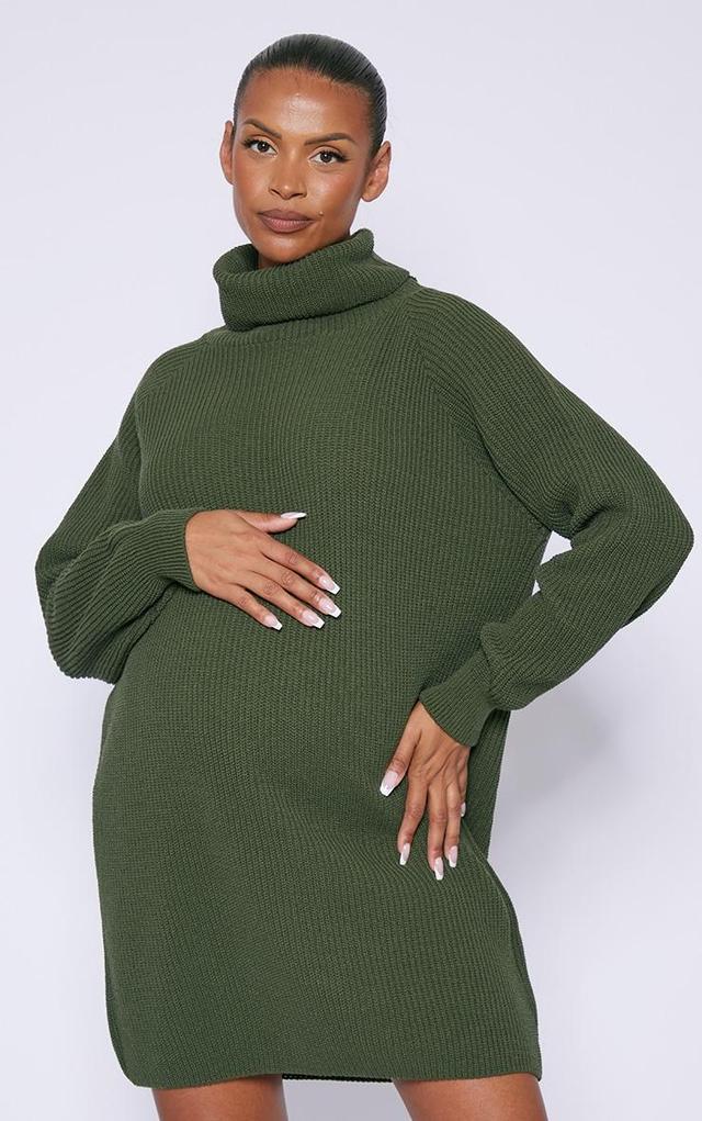 Maternity Olive Khaki High Neck Oversized Sweater Dress Product Image