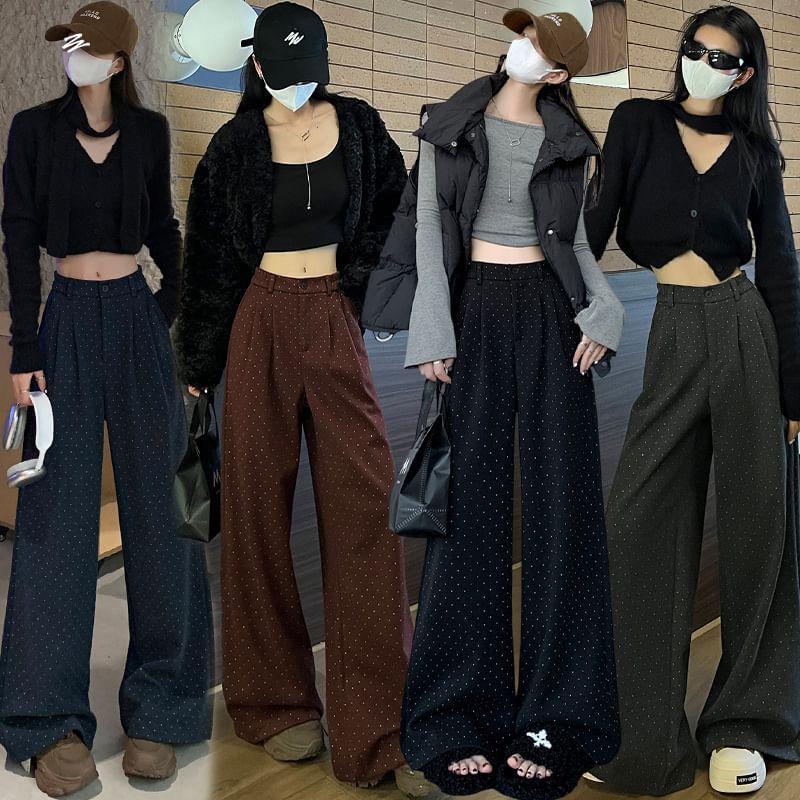 High Rise Dotted Fleece-Lined Wide Leg Dress Pants Product Image