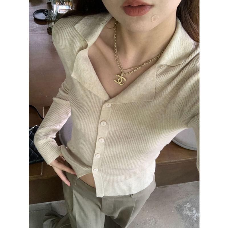 V-Neck Button-Up Plain Crop Cardigan Product Image