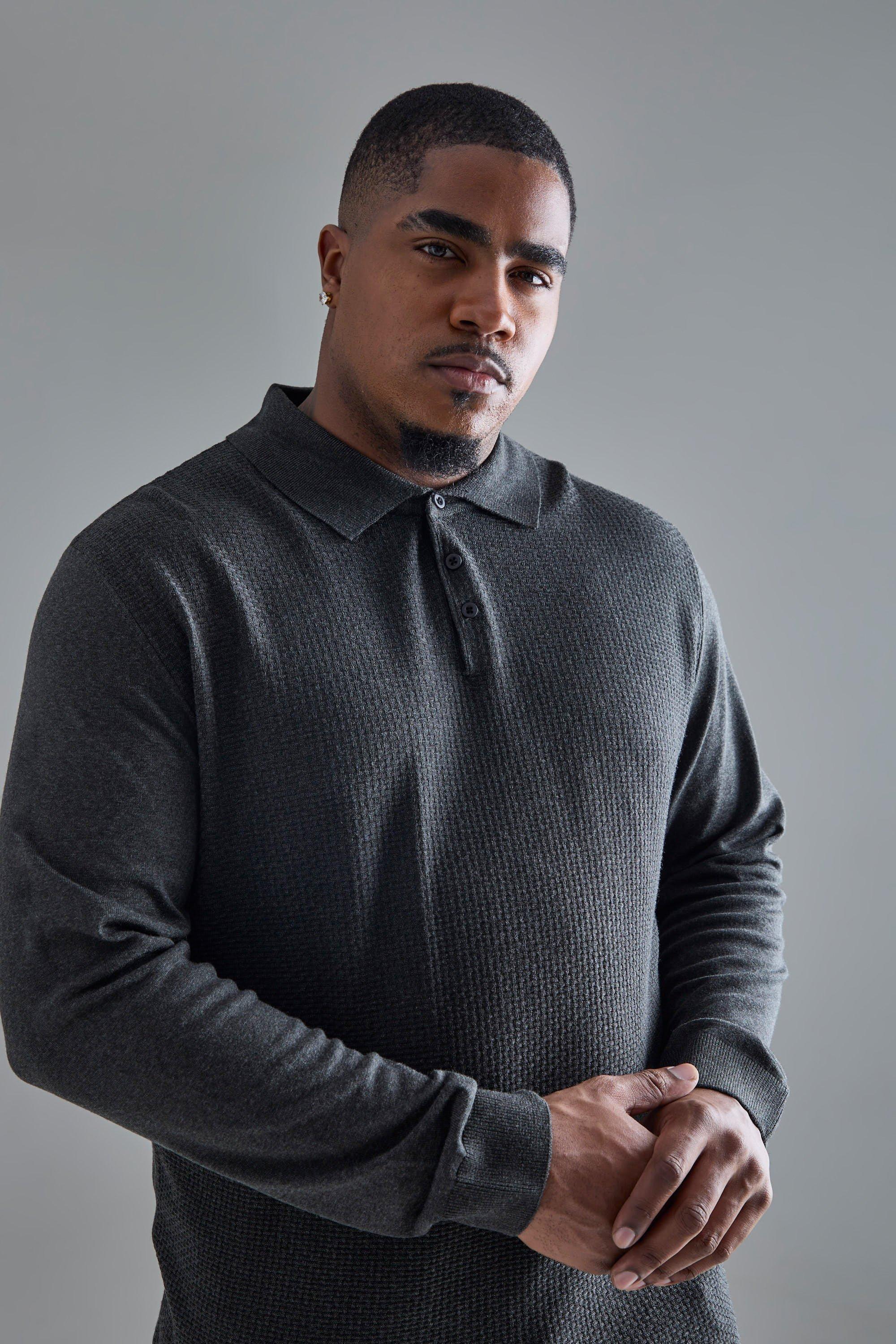 Plus Textured Knitted Polo In Charcoal | boohooMAN USA Product Image