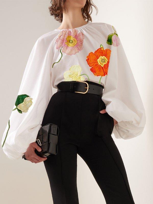 Long Sleeves Loose Elasticity Flower Print Pleated Round-neck Blouses&shirts Tops Product Image