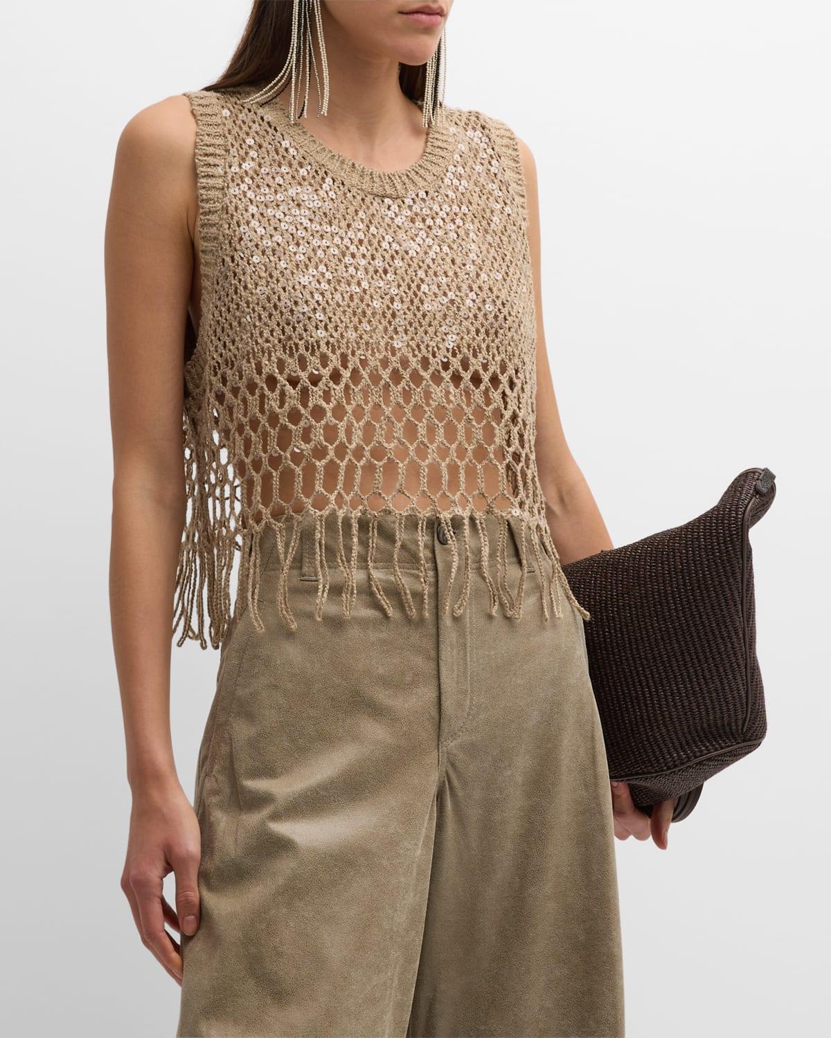 Linen-Silk Degrade Paillette Opera Knit Crop Tank Top With Fringe product image