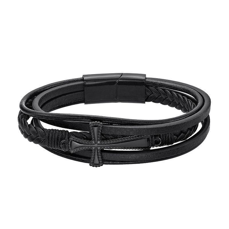 LYNX Mens Black Ion Plated Stainless Steel & Black Leather Cross Bracelet Product Image