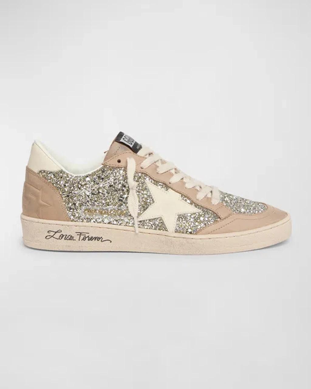 GOLDEN GOOSE Ballstar Glitter Suede Low-top Sneakers In Gold/beige Product Image