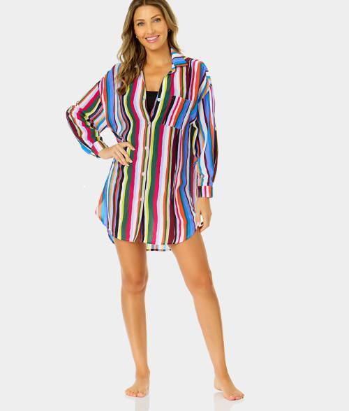 Anne Cole Womens Striped Boyfriend Cover-Up Shirt Product Image