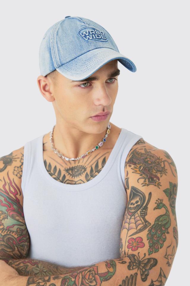 Worldwide Embossed Washed Cap In Blue | boohooMAN USA Product Image