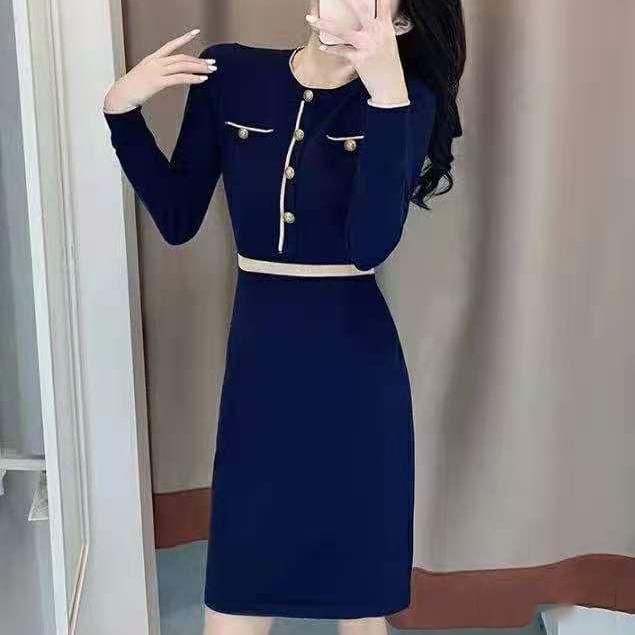 Long Sleeve Round Neck Plain Contrast Trim Button Mini Bodycon Dress Product Image