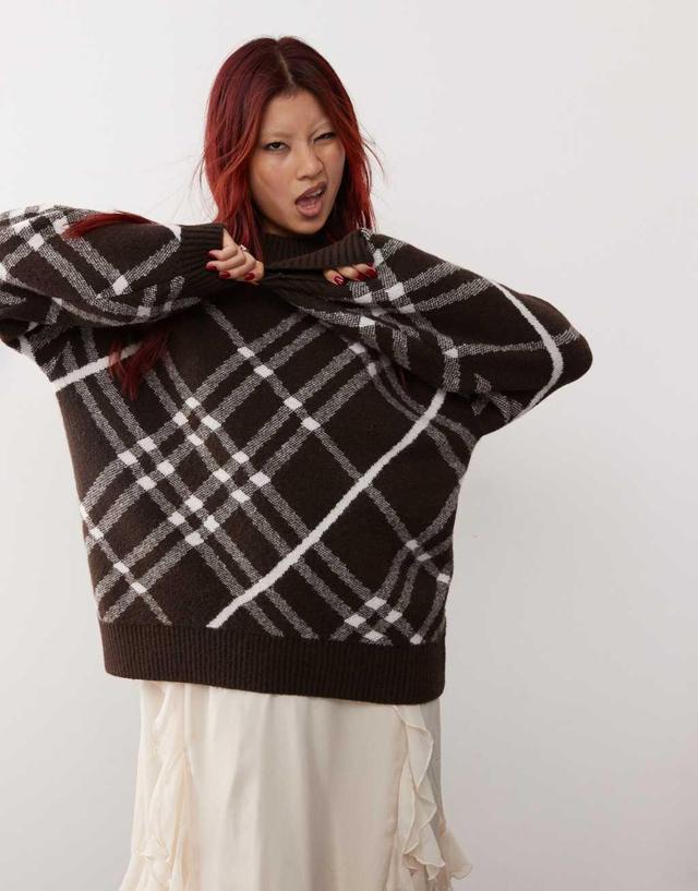 Monki oversized knit sweater in black and brown check Product Image