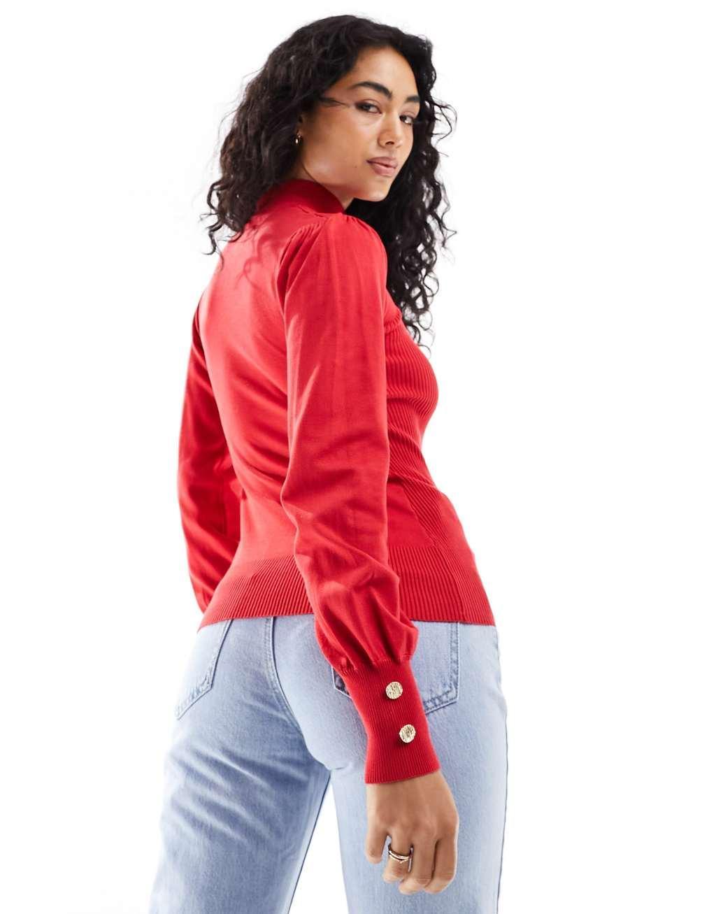 River Island turtle neck ribbed top with button sleeve detail in red Product Image