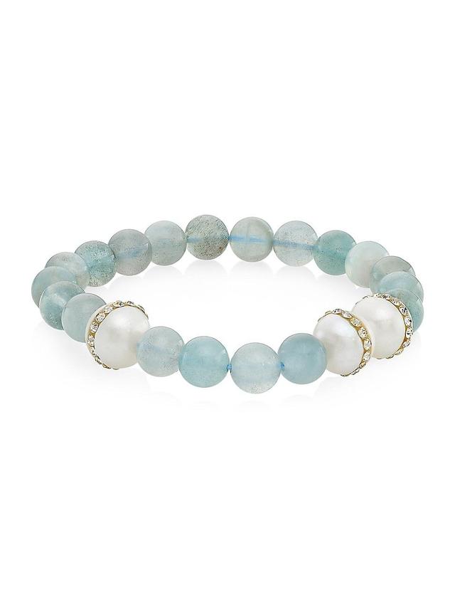 Womens Organic Gems Crystal, Freshwater Pearl & Aquamarine Beaded Stretch Bracelet Product Image