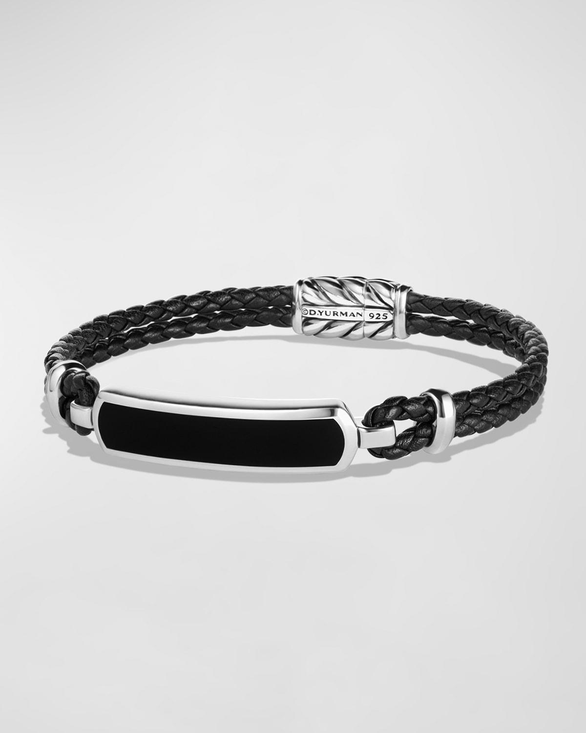 Mens Exotic Stone Bar Station Black Leather Bracelet Product Image