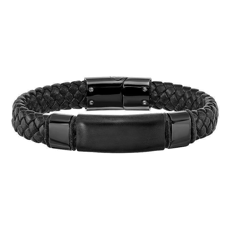 Mens Black Ion-Plated Stainless Steel & Black Braided Leather Bracelet Product Image