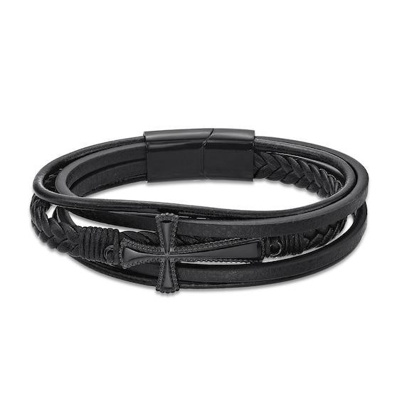 Men's 14.0mm Leather Braided Stacked Cross Bracelet with Black IP Stainless Steel Clasp - 8.5" Product Image