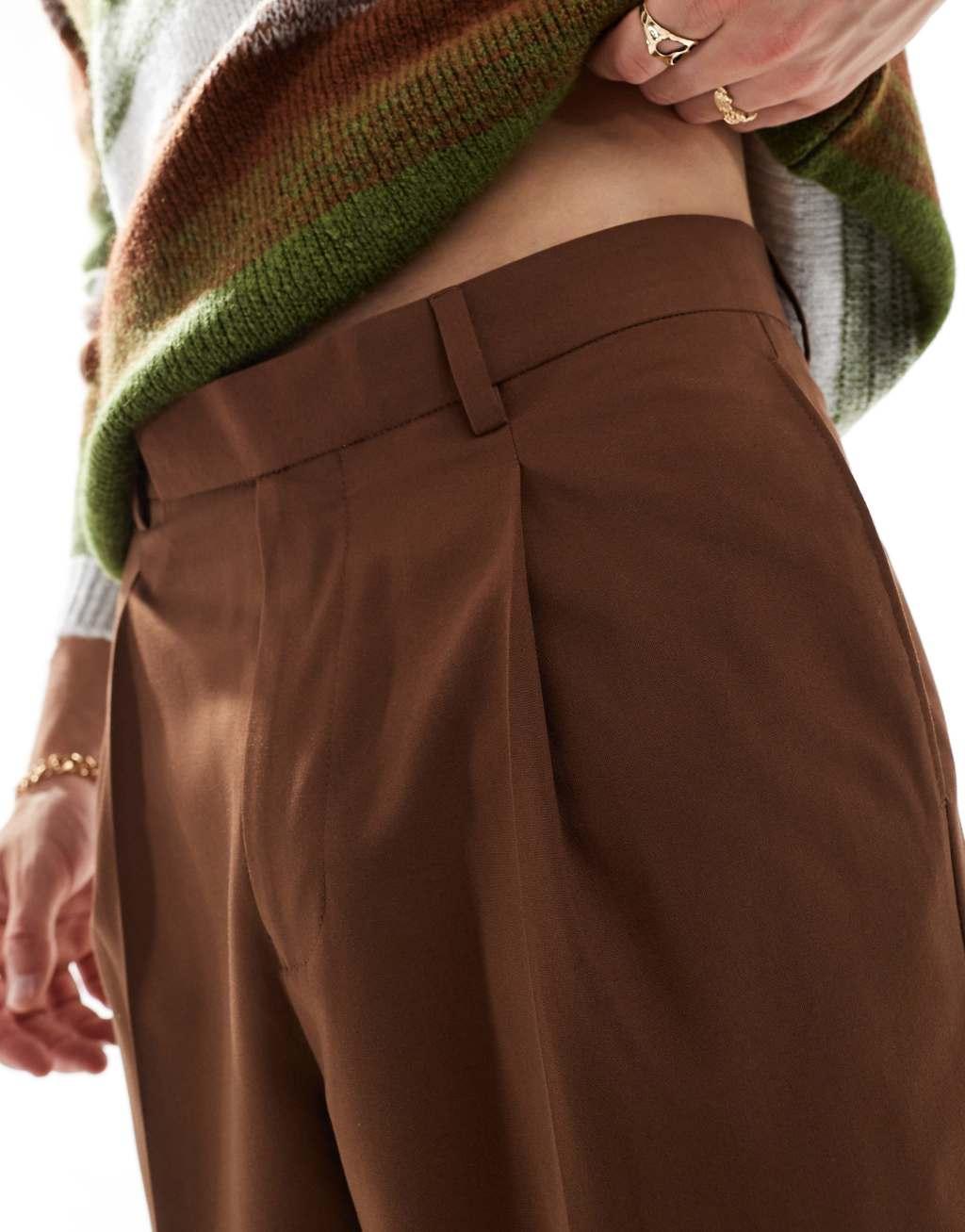 ASOS DESIGN smart wide leg pants with front pleats in brown Product Image