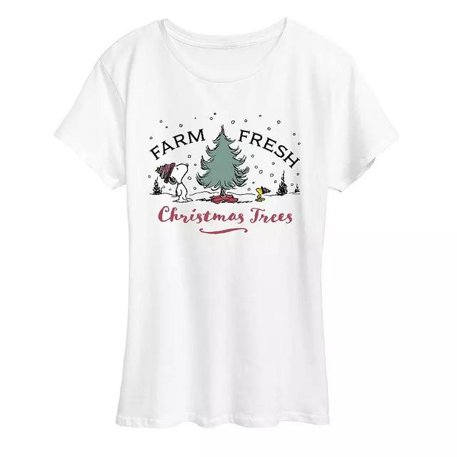 Womens Peanuts Snoopy & Woodstock Farm Fresh Christmas Trees Graphic Tee Product Image