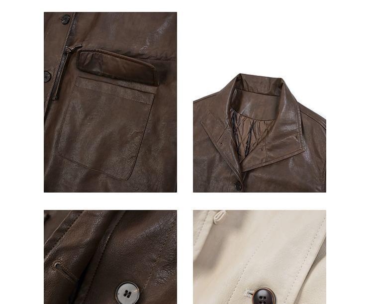 Lapel Collar Plain Faux Leather Single Breasted Coat Product Image