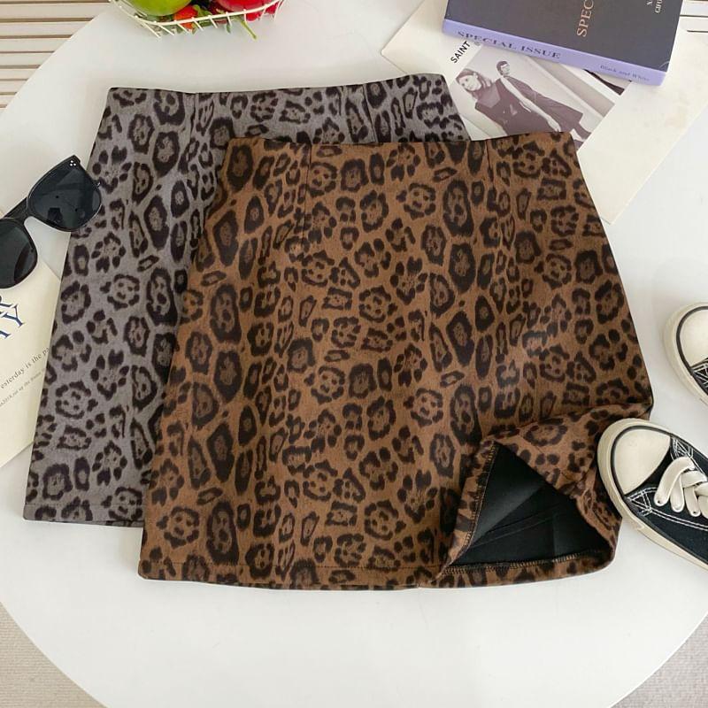 High Rise Leopard Print Mini A-Line Skirt Product Image