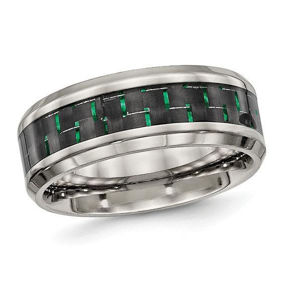 Men's 8.0mm Two-Tone Carbon Fiber Inlay Beveled Edge Wedding Band in Titanium Product Image