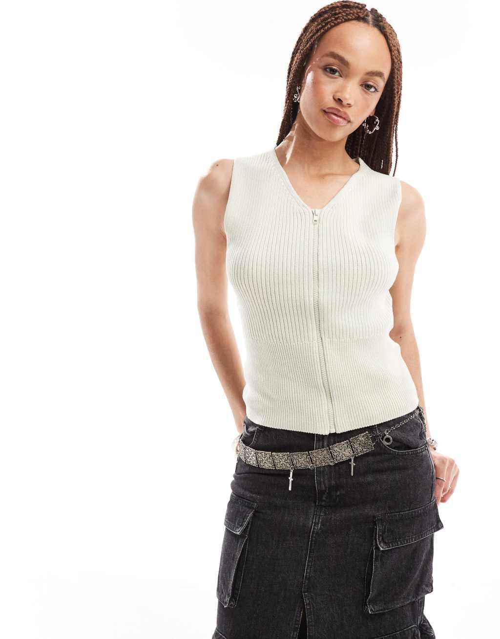 Weekday Siri knit zip through tank top in washed green Product Image