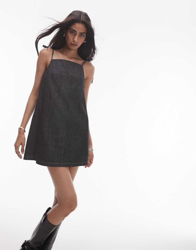 Topshop denim bow tie mini dress in black ecru Product Image