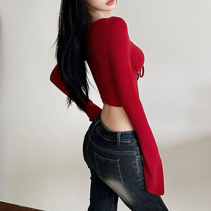 Long-Sleeve V-Neck Plain Crop Top Product Image