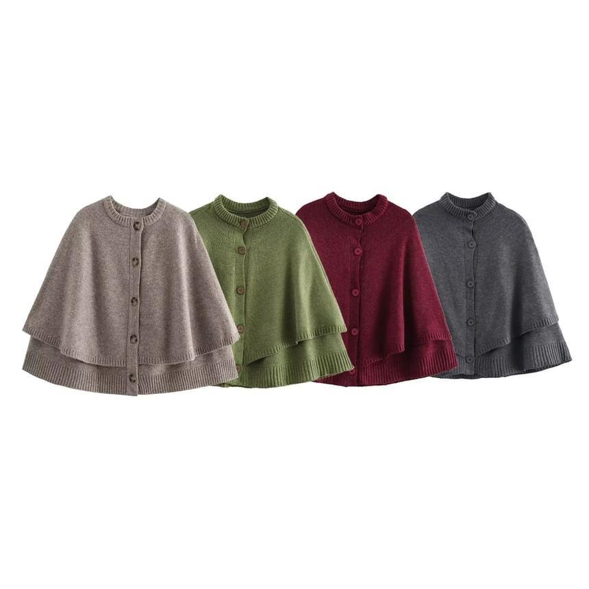 Crewneck Button-Up Plain Cape Cardigan Product Image