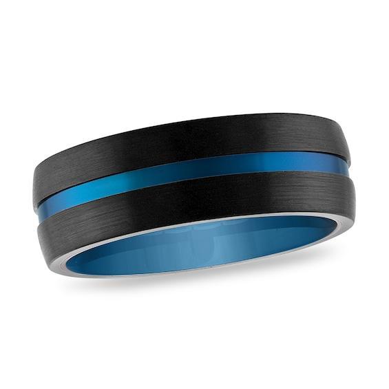 Men's 8.0mm Split Brushed Beveled Edge Band in Blue and Black Ion-Plated Tungsten Product Image