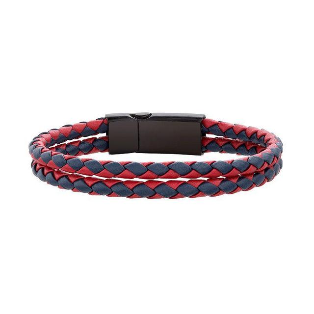 1913 Mens Braided Red Leather Double Strand Bracelet with Stainless Steel Closure Silver Product Image