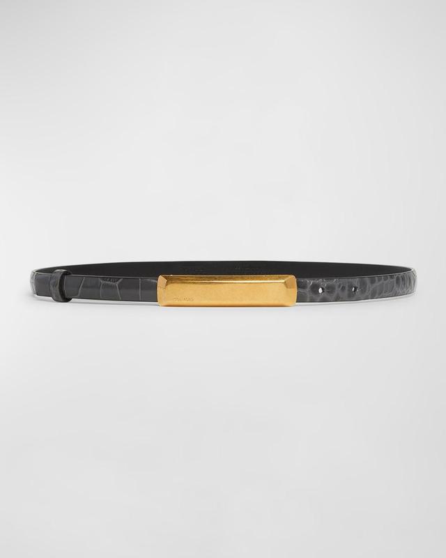 Croc-Embossed Leather Skinny Belt  Product Image