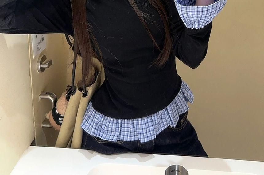 Mock Two-Piece Long-Sleeve Plaid Hem Top Product Image